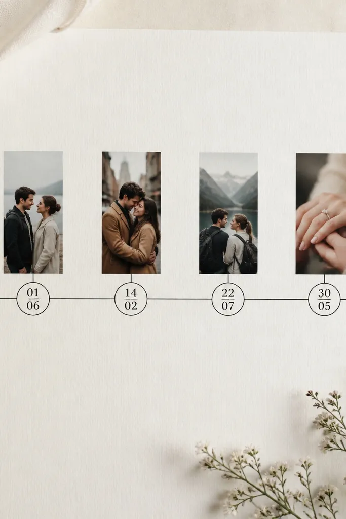 A page with a horizontal timeline line drawn across the middle. Four small circles sit along the line with dates written inside. Each date has a tiny photo strip above it. The ends of the line have small icons like a calendar on the left and a ring on the right.