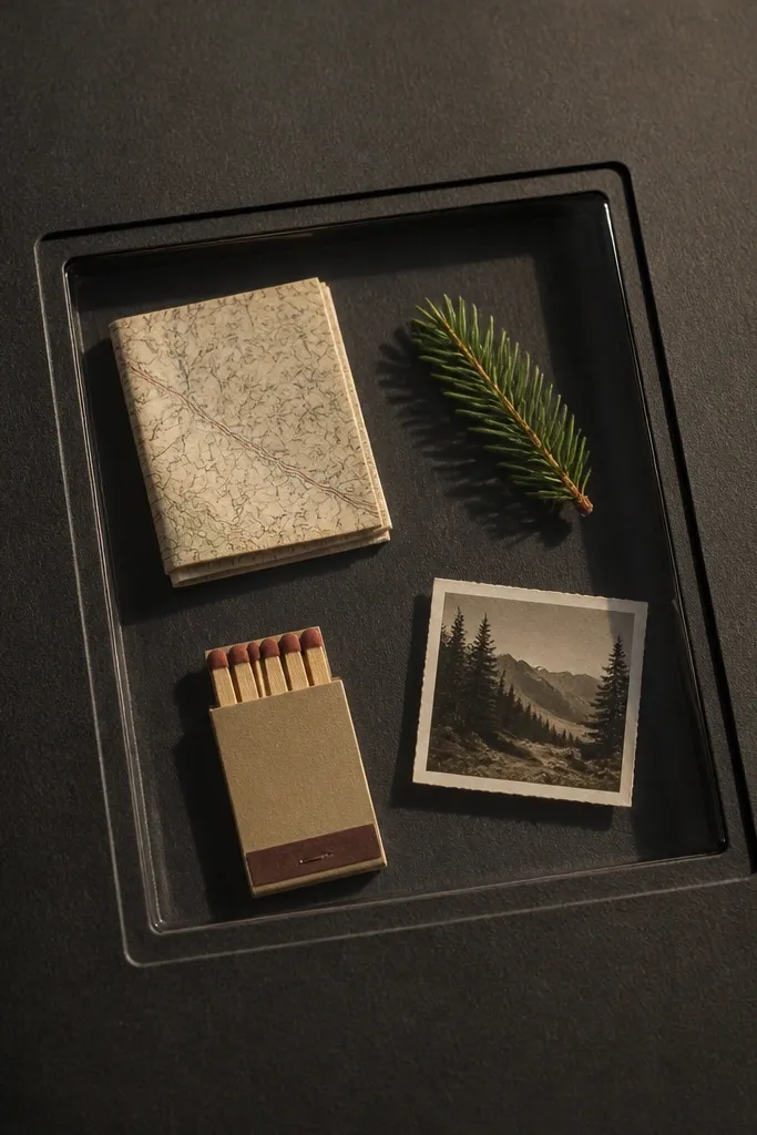 A page with a clear plastic window mounted over a shallow compartment. Inside are tiny objects: a folded map, a small pine leaf, a matchbook, and a miniature photo. The outer frame is black cardstock, and the objects cast visible shadows.