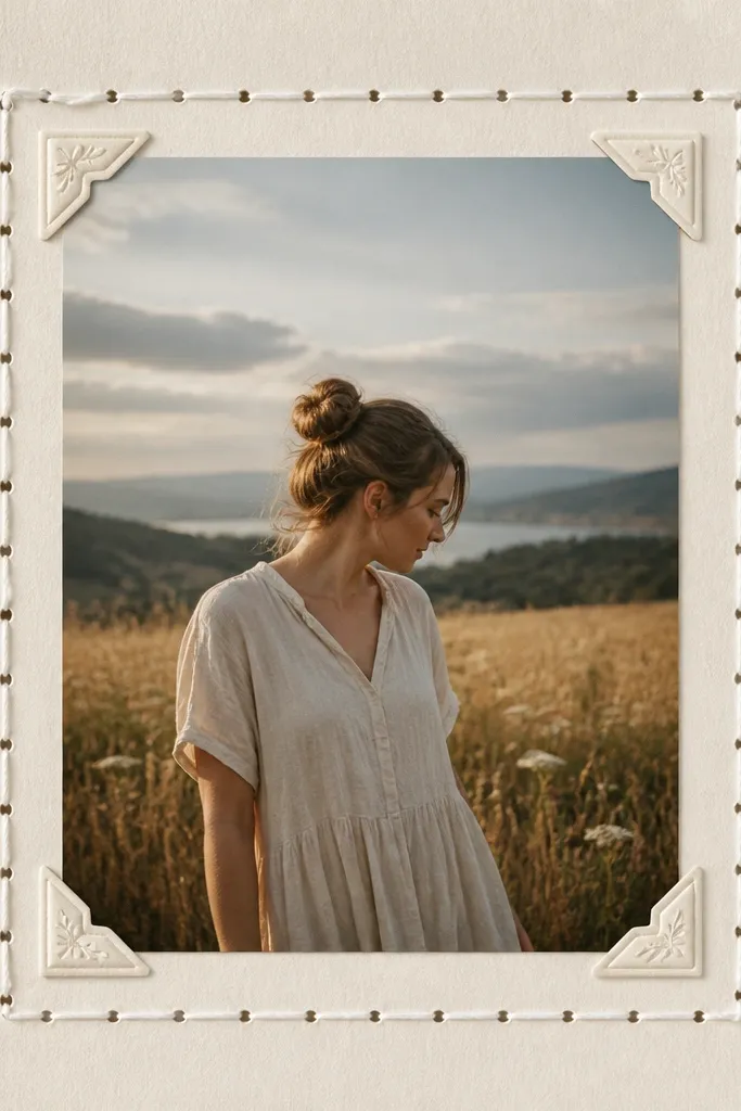A page with a central 8x10 photo framed by a fabric-like stitched border. The border is made from cream cardstock with evenly spaced punched holes. White thread runs around the photo like a stitched frame. Small corner stickers sit near the photo edges.