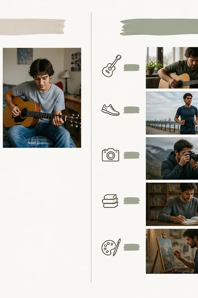 A two-column page. Left column has a heading "Then," with a list of his hobbies and a small photo. Right column has a heading "Now," with the same hobbies and a new photo beside each. A subtle divider line runs vertically down the page.