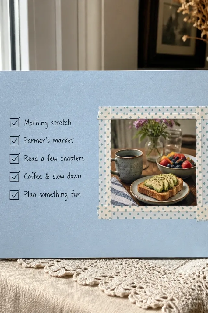 A light green page with a weekend header. There are two mini checklists labeled "Saturday" and "Sunday," each with 5 boxes. A 4x6 photo sits in the bottom right. A small calendar icon and washi tape corners decorate the page.