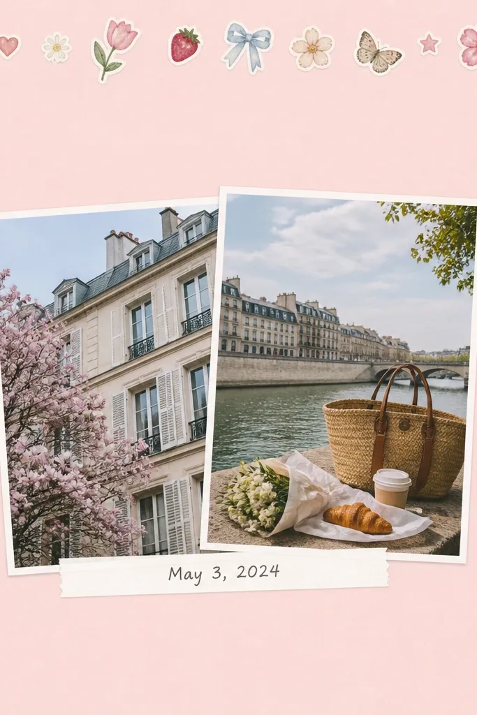 A pastel pink page with a tidy sticker border along the top and sides. In the center is a horizontal strip of two 4x6 photos overlapping slightly. A thin white label strip sits under the photos with handwritten date text.
