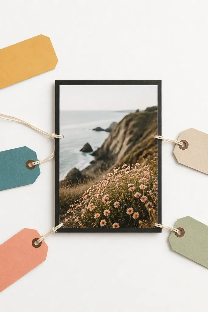 A white page with five small callout tags pointing to a central photo. The tags have different colors like mustard, teal, and coral, each with a short phrase. The tags are attached with thin paper strings. The central photo is 4x6 with a dark frame.