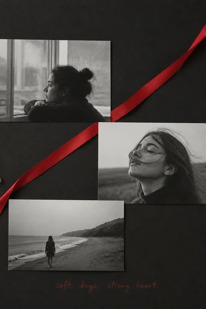 A charcoal page with three black-and-white photos arranged in a triangle. A single red accent ribbon runs diagonally across the page. A small red handwritten caption sits near the bottom. The rest of the page has minimal stickers and lots of negative space.