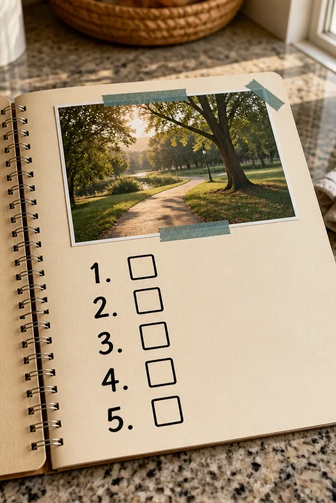 A pale cream page with a bold header "Our Next Ideas." Below are 8 numbered items in a grid. Each item has an empty square checkbox. A 4x6 photo sits at the top left with a small star sticker. A pen loop made of twine sits on the side.
