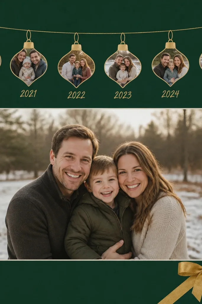 A deep green page with a string of mini ornament shapes across the top. Each ornament holds a tiny photo. A small gold ribbon bow is in the corner. Handwritten holiday dates sit under each ornament, and a 4x6 photo is centered below.