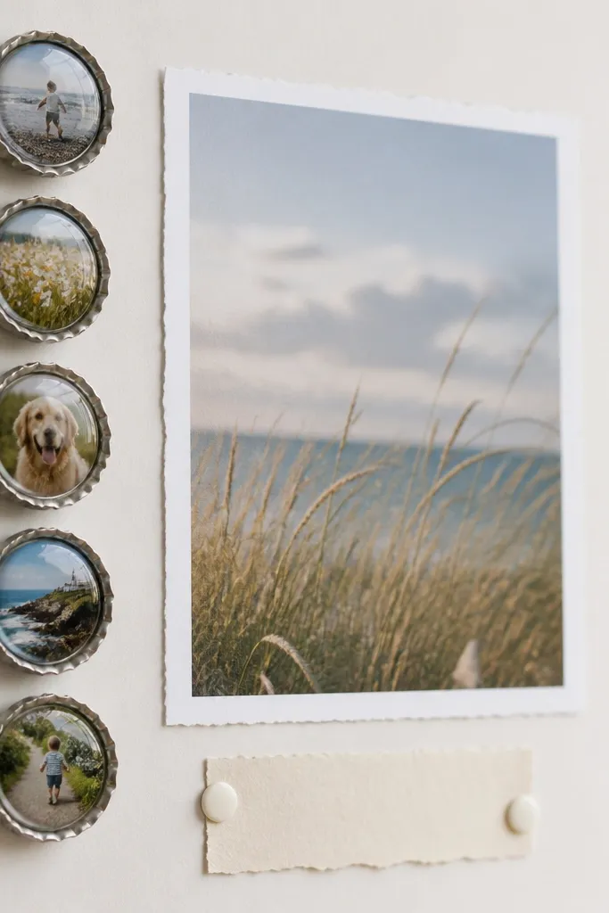A page with a row of bottle cap style circles mounted along the side, each showing a tiny photo. The circles have a glossy look, and a small strip of magnetic sheet is visible behind one. A larger photo sits in the middle with a label reading "For your fridge."