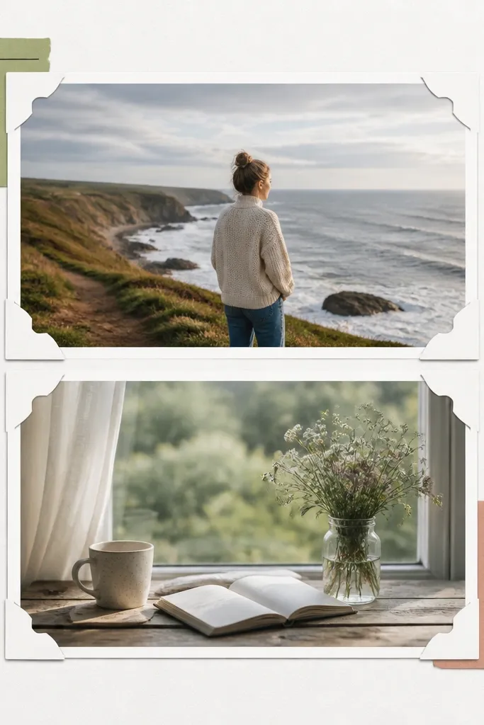 A white page with two photos in the center, each framed by layered corner cutouts. In the corners are small quote tags tucked under the frame layers. The tags are made from colored cardstock with black handwritten text, and a thin black line separates sections.