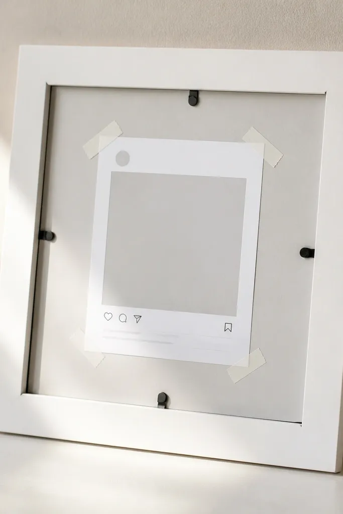 A lightweight frame made from thick white foam board, a darker gray mat border around a square photo, and a taped paper Instagram template visible at the back.
