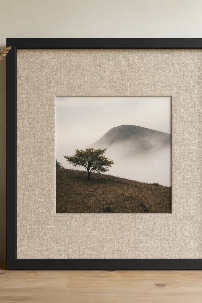 A matte black MDF frame with a square photo centered, backed by beige linen fabric stretched tight and stapled neatly at the back.