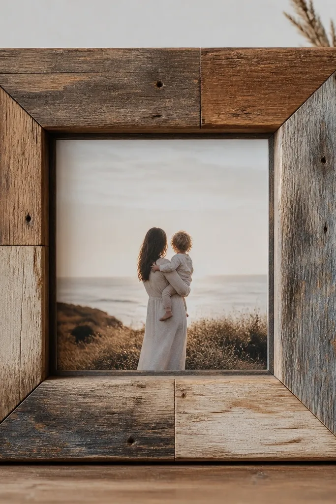 A reclaimed wood frame showing mixed wood tones, a slightly recessed inner lip, and a square photo set into the recess with a thin clear cover.