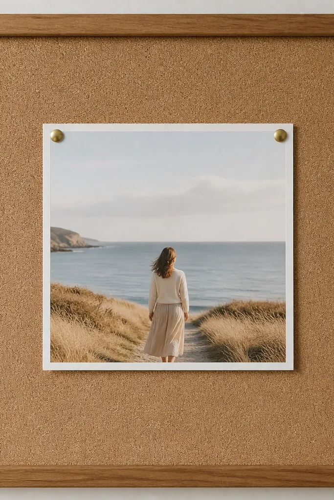 A framed cork board square with a centered photo pinned using two small brass push pins, surrounded by a clean border strip.