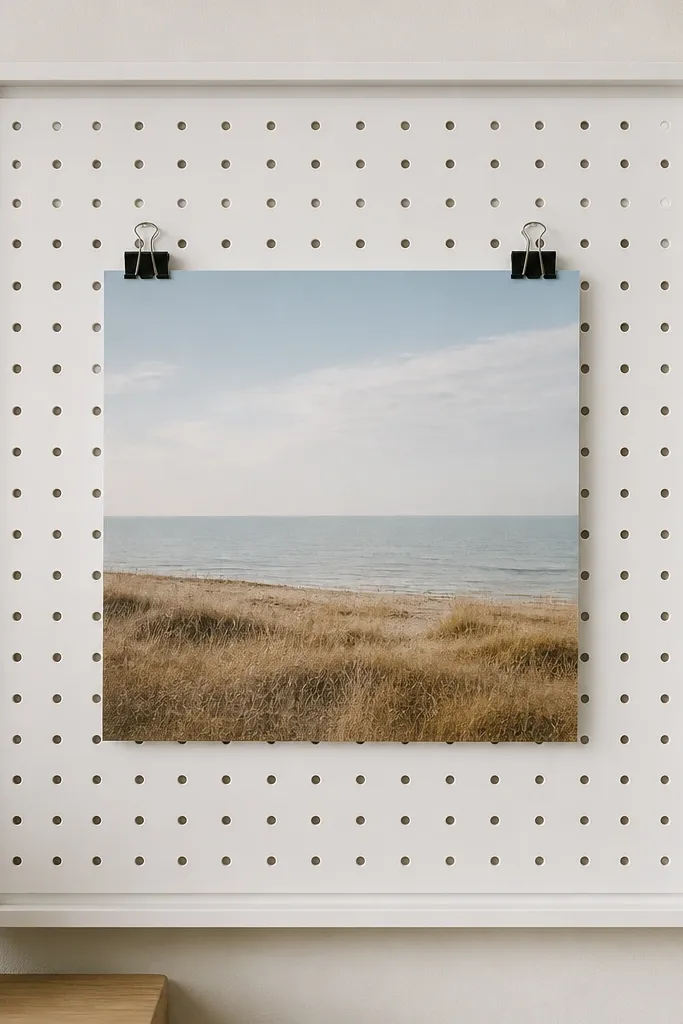 A white pegboard square mounted in a frame, with a photo floating in front held by two small black binder clips at the top corners.