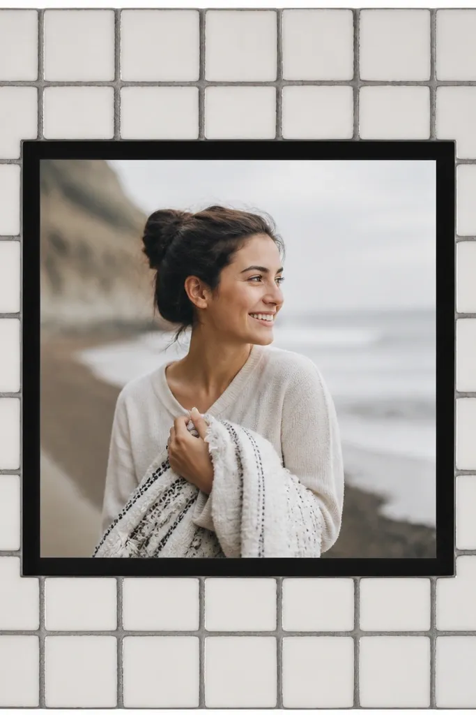 A square frame made to look like small tiles, with gray grout lines drawn in marker, and a centered photo with a black mat border.