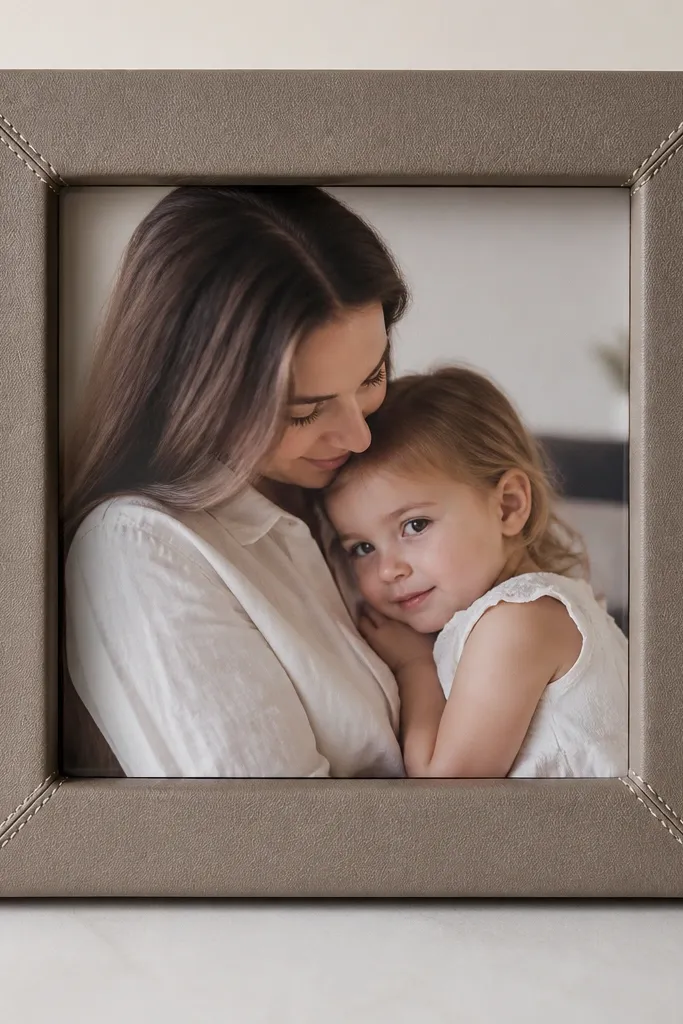 A square frame with faux leather wrap around the edges, visible stitched-look lines at the corners, and a centered photo behind a clear front cover.