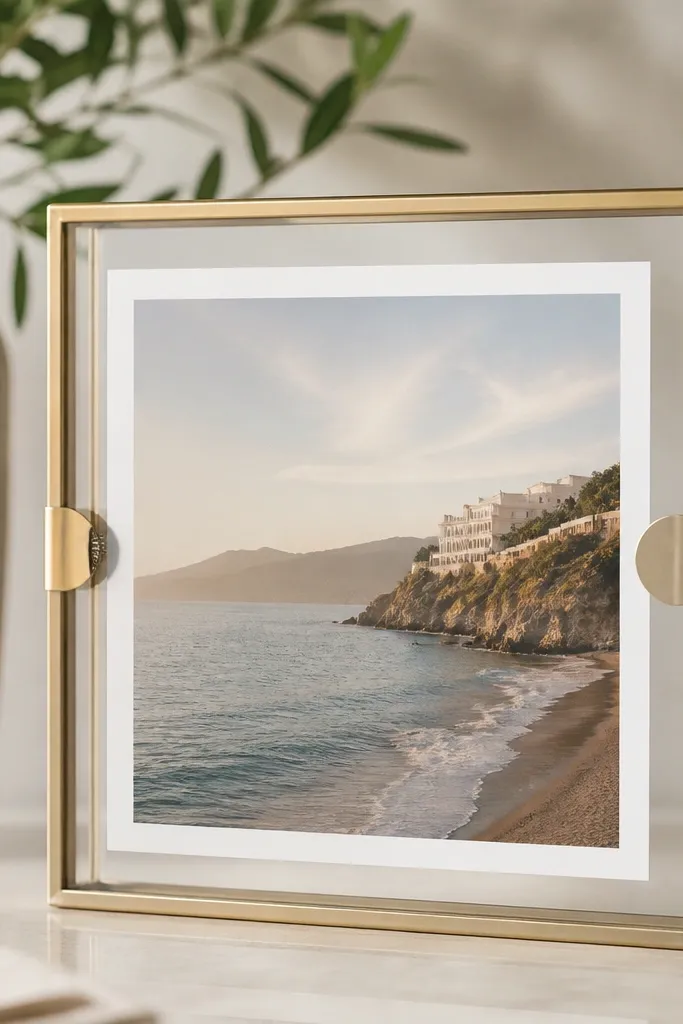 A square frame with a front opening that holds a photo with two spring clips on opposite sides, showing a clear cover and a clean border.