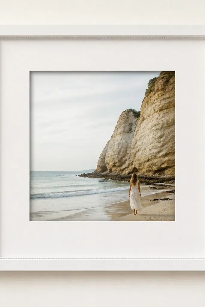 A matte white frame with a thin raised micro-bead trim around the inner edge, plus a centered square photo with a soft shadow gap.