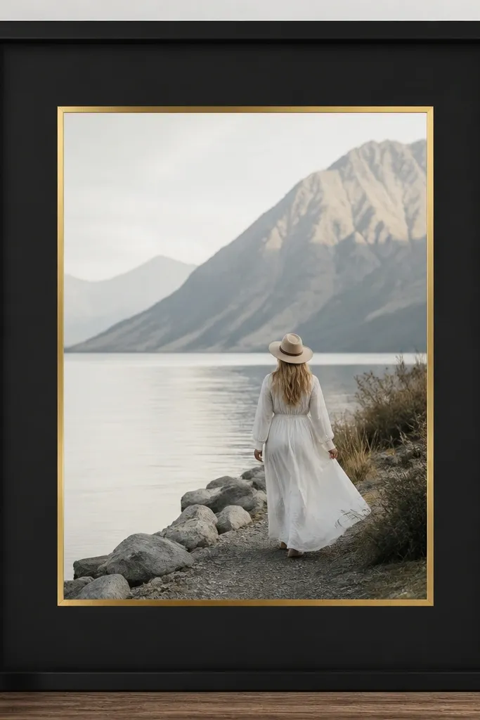 A black inner mat with a centered photo, surrounded by a thin gold foil strip border that catches light, within a simple frame outline.