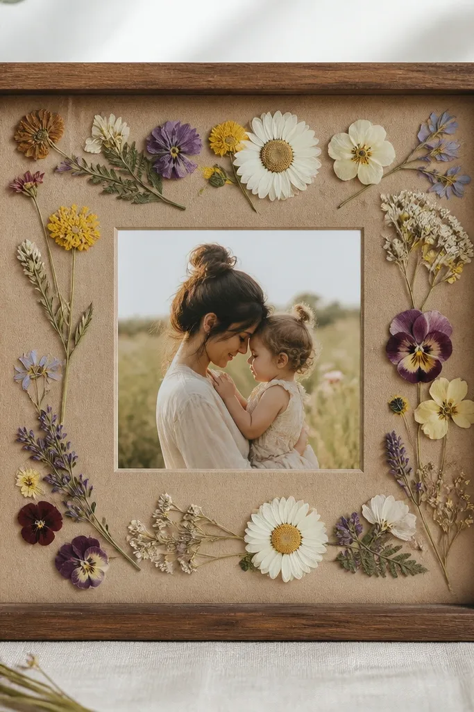 A square frame with a kraft paper backing, pressed flowers arranged in the border area, and a clear cover over a centered photo.