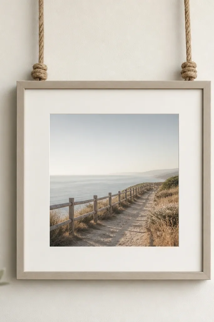 A square frame suspended from two rope strands with visible knots at the top, a centered photo, and a neutral border on a light wall background.