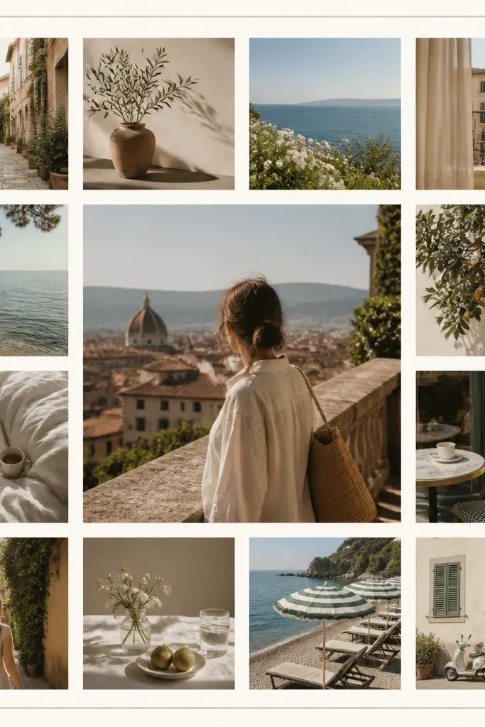 A square frame showing a neat grid of small postcards around a central Instagram-style photo, with consistent spacing and a clean outer border.