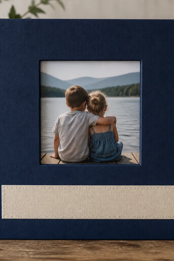 A scrapbook front cover in navy cardstock with a clear photo window center; below it is a horizontal title strip made from textured cream paper with faux stitching drawn in white pen.