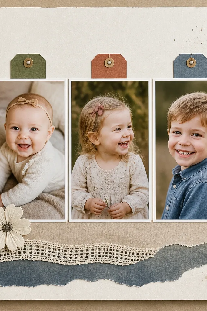 A scrapbook page with three portrait photos in a neat grid; each photo has a small date tag above it in contrasting cardstock colors.