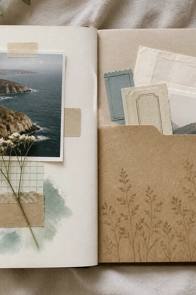 A scrapbook page with a wide paper pocket on the right side; inside it are visible ticket stubs and a folded note pulled partially out.