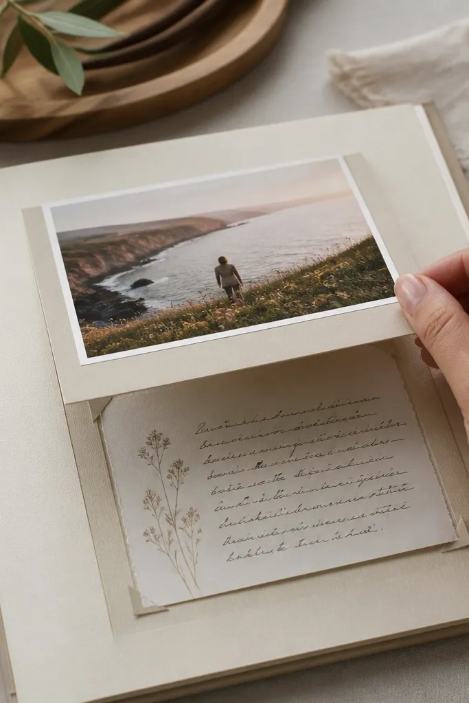 A page where a photo is mounted on a hinged cardstock flap; lifting the flap reveals a handwritten message card underneath.