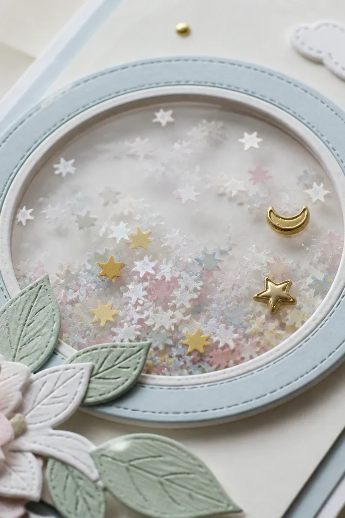 A clear shaker window on a page with layered acetate and foam tape; inside are tiny star confetti and a couple of small metallic pieces.