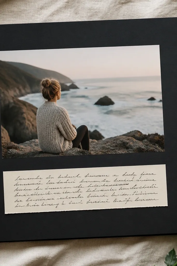 A scrapbook page with a large matte black rectangle framing a single photo; handwritten journaling sits on a cream strip inside the frame.
