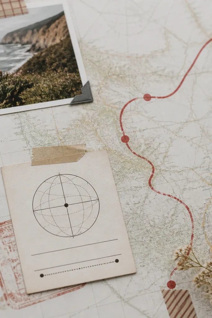 A scrapbook page with a light map print background; a red route line curves across it, and a small coordinate card is stamped and taped down.