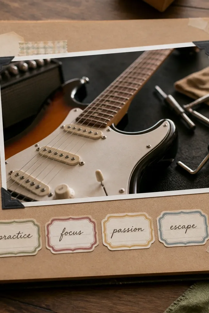 A themed scrapbook page with a close-up hobby photo (like a guitar or toolbox) and a row of small label stickers with handwritten words.