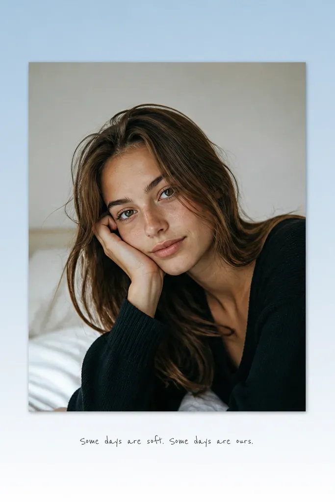 A portrait photo centered on a page; behind it is a soft gradient mat from light blue to white with a single sentence in small handwriting.