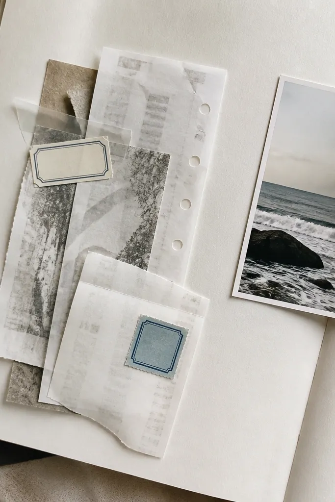 A collage page with black-and-white receipts layered under a few small stamped labels; a photo sits off to the side with a thin border.