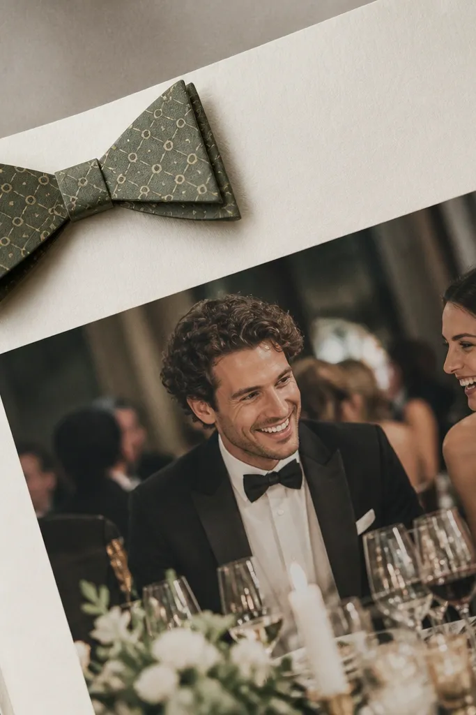A page with a formal-dinner photo; in the top corner there is a 3D paper bow-tie made from patterned cardstock layered with small folds.