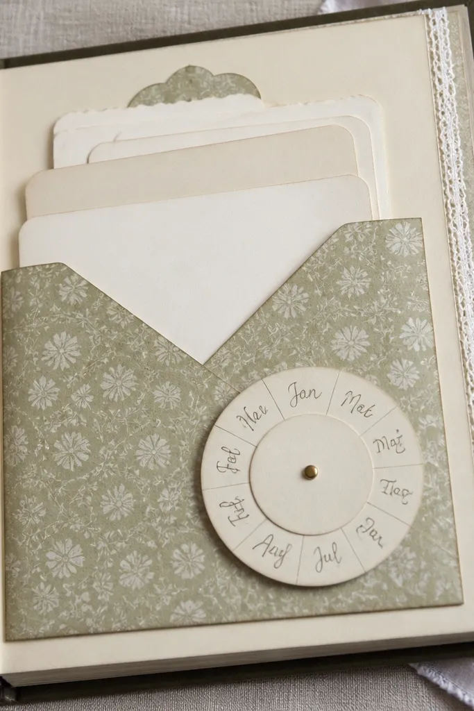 A final scrapbook page with a large pocket holding blank note cards; a small paper date wheel sits on top with handwritten months around the circle.