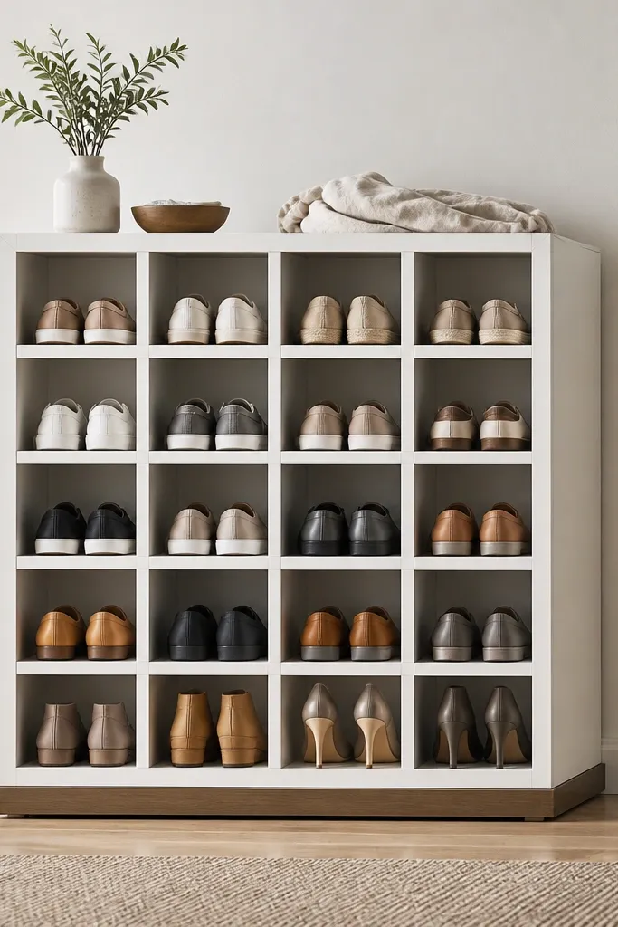A freestanding shoe rack with an open cube grid. The front has a neat pattern of vertical and horizontal 1x2 frames, creating square compartments. The wood is painted soft white with a slightly darker base, and the cubes show shoes lined up in rows.