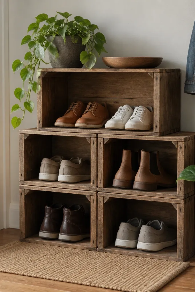 Two stacked wooden crate boxes arranged side by side, with a third layer on top. The crates show visible grain and a lightly distressed finish. Shoes sit in each opening, and the rack is placed along a wall with a small doormat beneath.