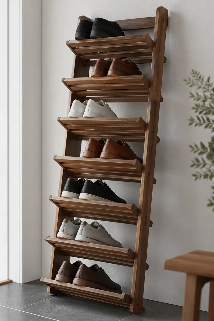 A tall shoe rack with diagonal slats, forming a leaning surface. Shoes are placed with soles supported by the slats. The wood is stained mid-tone brown, and the rack has a drip-friendly look with small gaps between slats.