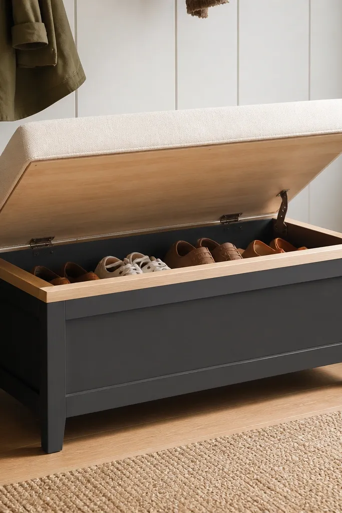 A compact wooden bench with a hinged lid on top. Inside, shoes are stored neatly. The bench has a padded seat cushion on top in a neutral fabric, and the wood base is painted charcoal with a lighter top.