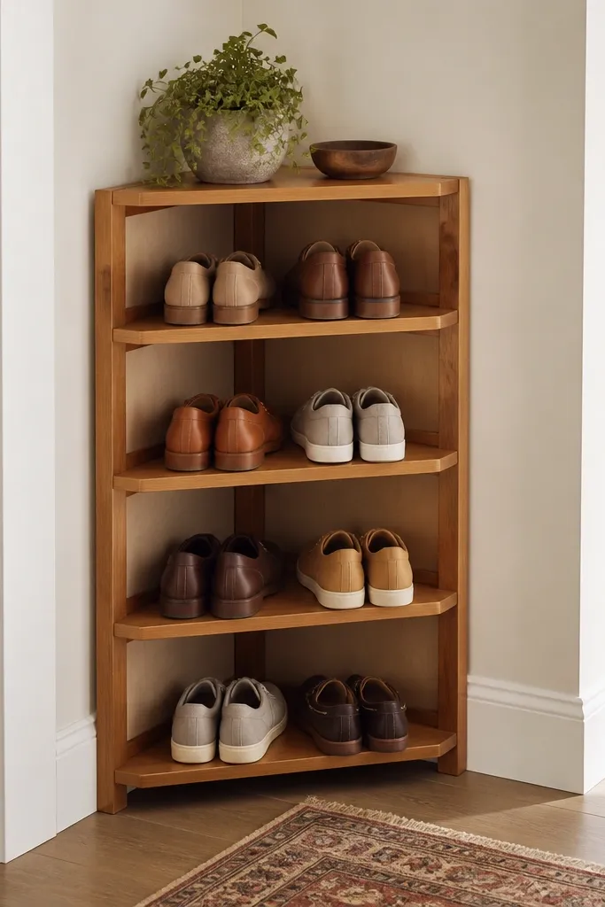 A corner-mounted shoe rack with triangular shelf faces. The shelves follow the corner angle and look like they fit perfectly into an L-shaped space. The finish is a warm honey stain, and the rack has slim sides.