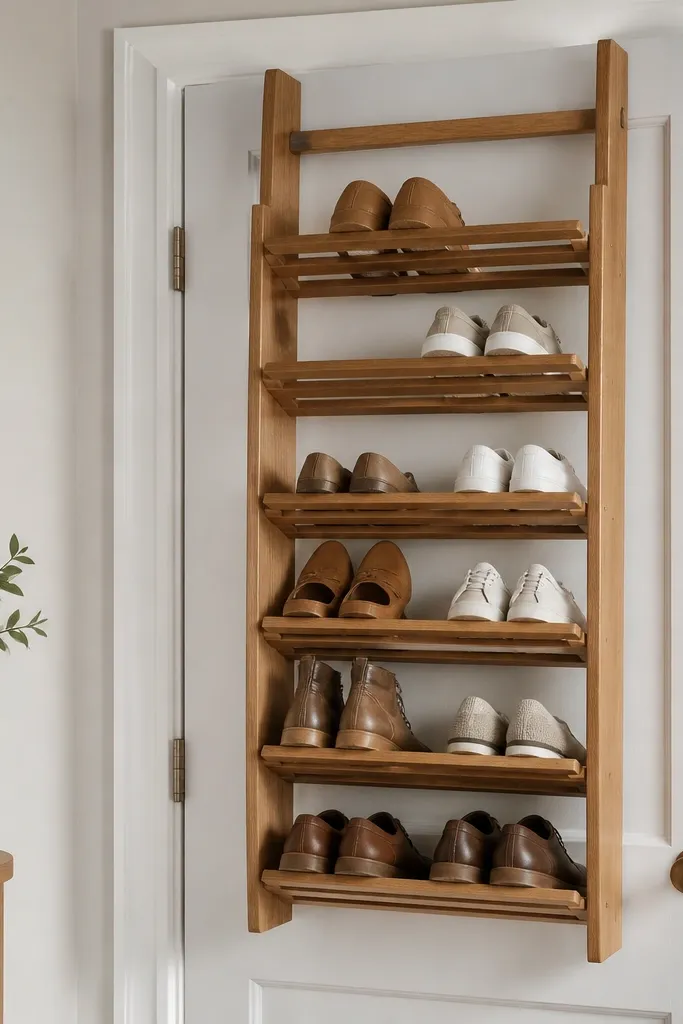 A wooden over-the-door shoe rack with slatted shelves and a top hanger bar. It hangs on an interior door without straps. Shoes sit in open slots, and the wood has a clean satin finish.