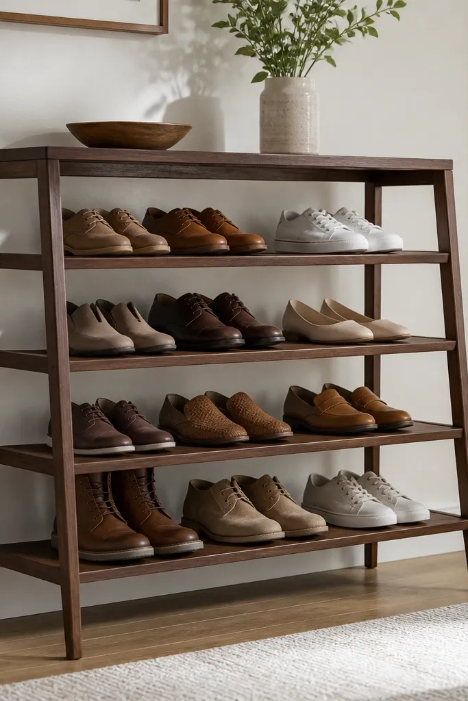 A freestanding shoe rack with angled wooden legs and a simple top frame. The shelves are open and evenly spaced, and the wood has a walnut stain. The look is clean and straight with a slightly retro silhouette.