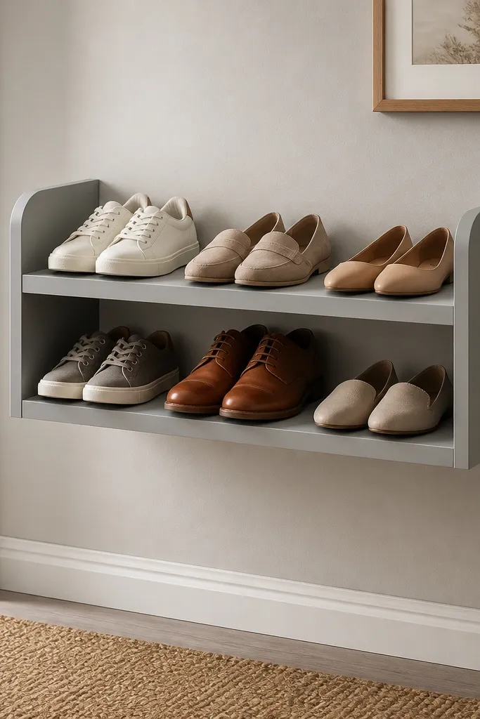 A compact two-tier shoe rack mounted on the wall with side panels that hide the supports. Shoes sit on each shelf, and the unit has a smooth painted finish in a soft gray. The shelves look like they float because the hardware is concealed.