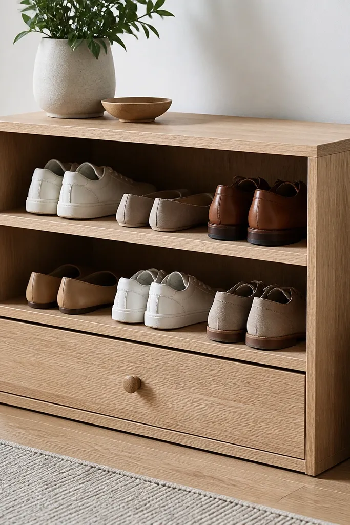 A shoe rack with two open shelves and a lower sliding drawer. The drawer has a simple wooden knob and sits in a frame. Shoes are neatly placed above, and the wood finish is a light oak tone.