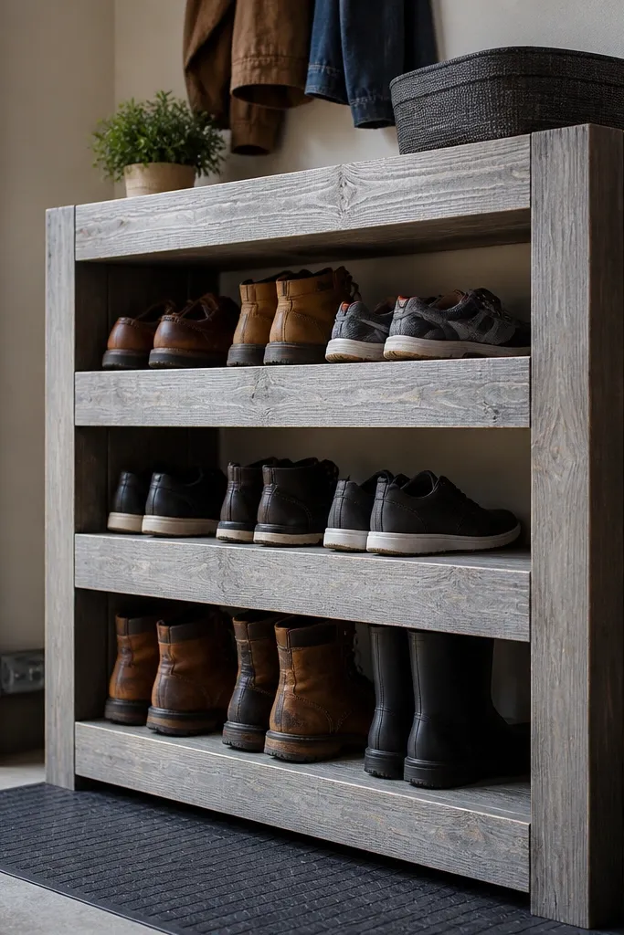 A sturdy shoe rack made from thick 2x4 lumber, with visible wood texture. The shelves are separated by thick supports, and the whole piece has a weathered gray finish. It sits in a garage entry area with a rubber mat underneath.