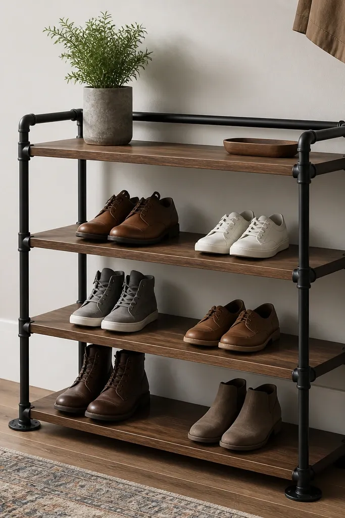 An industrial shoe rack made from black metal pipe rails with wooden shelves. The shelves are attached to pipe fittings, and the structure looks open and airy. The wood is medium brown, and the metal has a matte black finish.