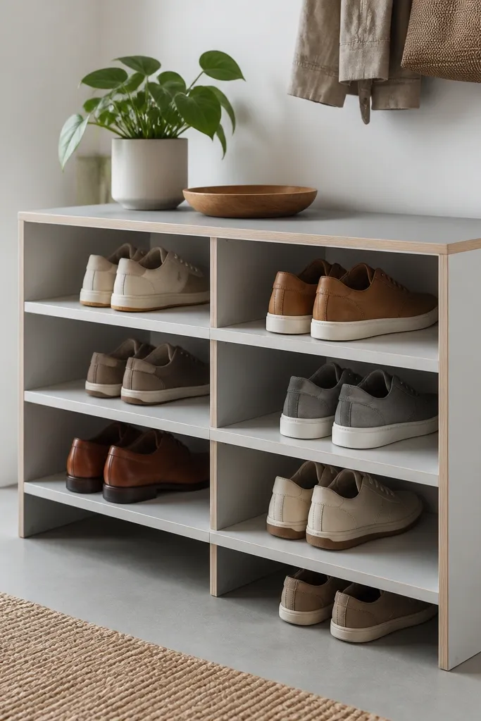A clean, modern shoe rack made from plywood sheets. The edges have crisp edge banding in a matching or contrasting color. The shelves look smooth and uniform, with a light gray or white finish on the faces.