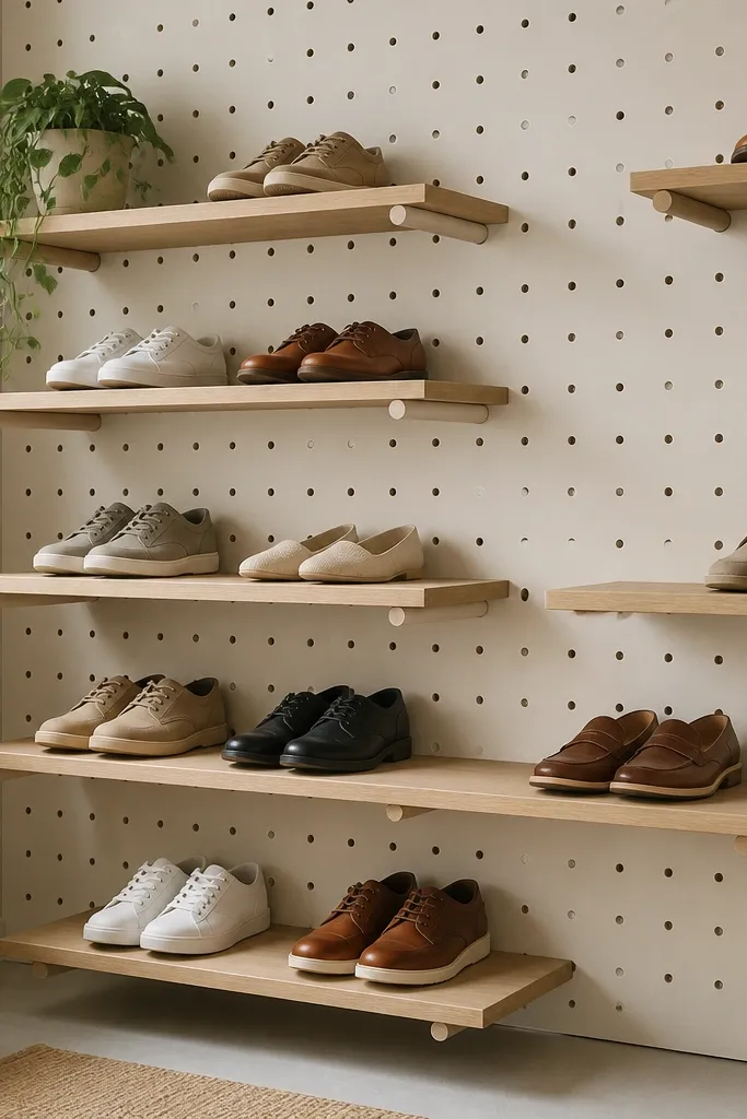A pegboard mounted on the wall with several wooden shelves sitting on adjustable pegs. The pegboard is painted off-white, and the shelves are stained light oak. Shoes are arranged on the shelves, and the setup looks flexible with visible peg holes.